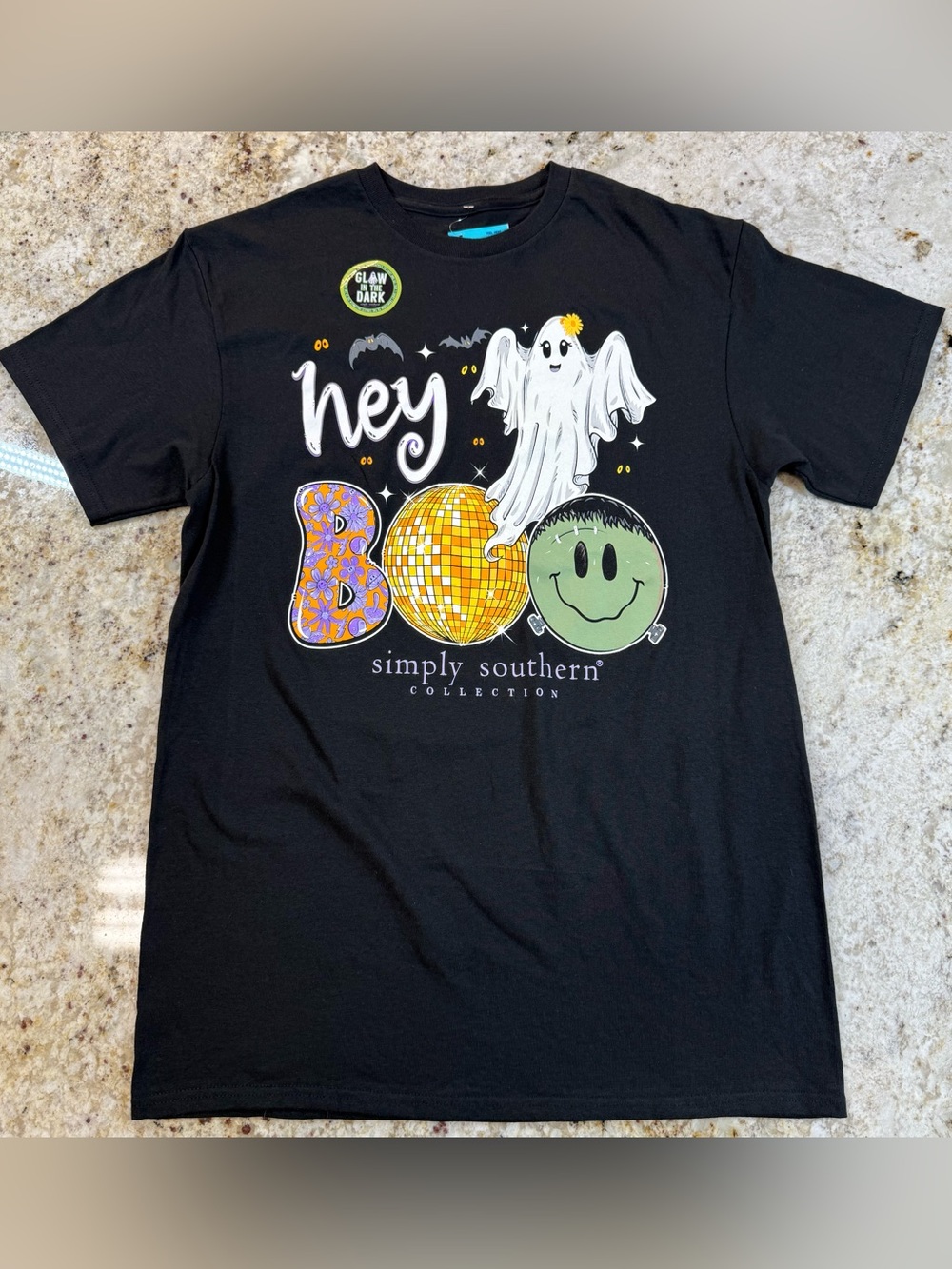 Simply Southern Hey Boo Halloween Glow in the Dark Ghost T-Shirt Black Medium
